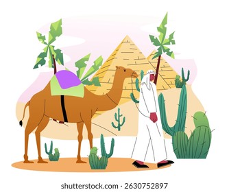 Arab man near pyramids. Guy in traditional islamic clothes with camel in desert. Egypt or Qatar. Beautiful sandy landscape and panorama. Flat vector illustration