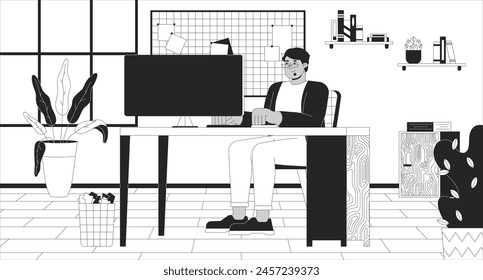 Arab man with obesity working in office black and white line illustration. Plus sized middle eastern male at computer 2D character monochrome background. Workplace outline scene vector image