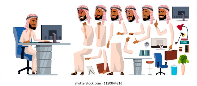 Arab Man Office Worker Vector. Animation Set. Generator. Facial Emotions, Gestures. Front, Side, Back View. Businessman Worker. Traditional Clothes. Islamic. Thawb, Thobe. Arab, Muslim. Illustration