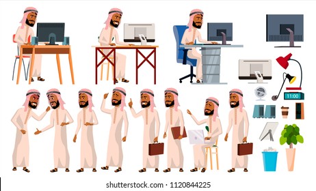 Arab Man Office Worker Vector. Arab, Muslim. Business Set. Facial Emotions, Gestures. Animated Elements. Corporate Businessman Male. Successful Officer, Clerk, Servant. Isolated Cartoon Illustration