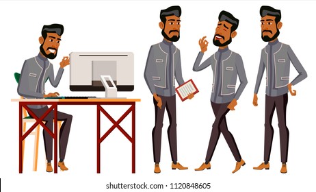 Arab Man Office Worker Vector. Business Set. Traditional Clothes. Arab, Muslim. Emotions, Gestures. Businessman Person. Arabic Front, Side View. Smiling Executive, Workman, Officer. Illustration