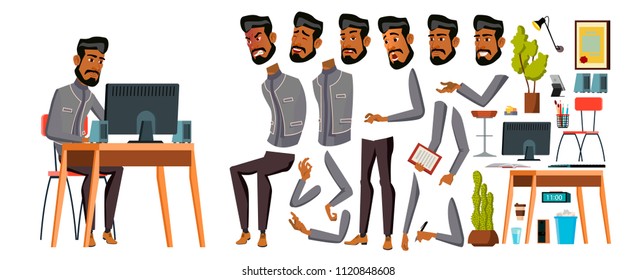 Arab Man Office Worker Vector. Animation Creation Set. Generator. Emotions, Animated Elements. Gestures. Business Human. Muslim In Traditional Clothes. Saudi, Emirates, Qatar, Uae. Illustration