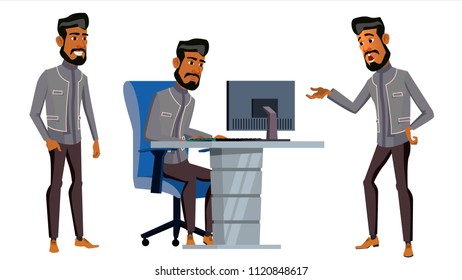 Arab Man Office Worker Vector. Business Set. Saudi, Emirates, Qatar, Uae. Face Emotions, Gestures. Adult Entrepreneur Business Man. Happy Clerk, Servant, Employee. Illustration
