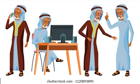 Arab Man Office Worker Vector. Islamic. Traditional Clothes. Old. Business Set. Face Emotions, Gestures. Adult Entrepreneur Business Man. Happy Clerk, Servant, Arabic Employee. Illustration