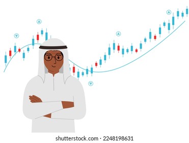 A arab man on the background of a Forex chart. Conceptual illustration on the topic of strategic planning in trading on the stock exchange. Vector flat illustration