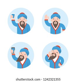 Arab man with phone icons.  Hodja character vector illustration 