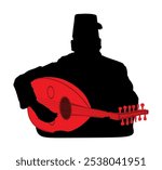 Arab man play oud, lute mandola vector silhouette illustration isolated. Traditional music instrument. Islamic culture musician boy middle east performer tourist attraction. Folklore oriental event.