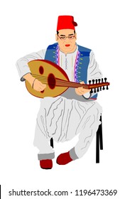 Arab man play oud, lute or mandola vector illustration, traditional music instrument from Asia. Islamic culture. Musician from middle east. Popular street performer, tourist attraction. Oriental event