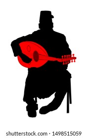 Arab man play oud, lute or mandola vector silhouette isolated traditional music instrument Asia. Islamic culture shape. Musician middle east popular street performer tourist attraction. Oriental event