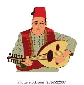 Homem árabe tocar oud, alaúde ou mandola vetor ilustração isolado instrumento de música tradicional Ásia. músico de cultura islâmica menino de rua médio oriente artista atração turística. Evento oriental do folclore