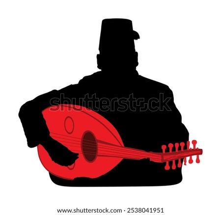 Arab man play oud, lute mandola vector silhouette illustration isolated. Traditional music instrument. Islamic culture musician boy middle east performer tourist attraction. Folklore oriental event.