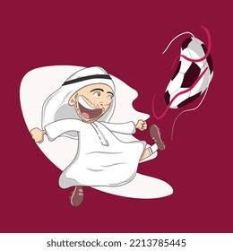 Arab man playing football. soccer cartoon character, football mascot, vector illustration