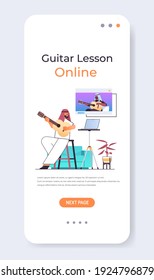 arab man playing guitar with black muslim teacher in web browser window during virtual conference online music school concept vertical copy space vector illustration