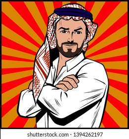 Arab man posing happy with folded arms. Saudi emirates with arms crossed. Vector, Retro Comic book cartoon, Pop Art  vintage Illustration.