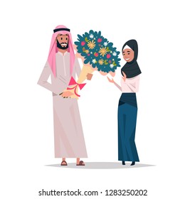 arab man present woman bouquet of flowers happy valentines day holiday concept arabic couple in love male female cartoon characters full length isolated flat