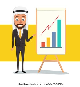 Arab man presenting of business graph on white board. Illustration vector.