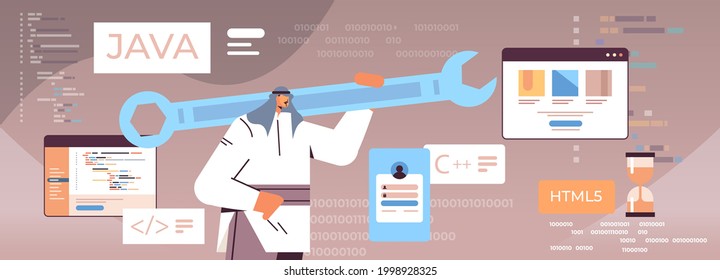 programador de árabe holding de llave de mano desarrollador optimiza el código de pruebas de programación de ingeniería de software