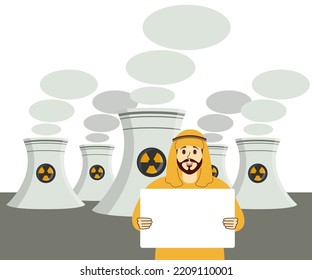 Arab man protests with a blank poster on the background of nuclear power plants. Nuclear plant for energy production. Clean green energy without emissions of gases into the atmosphere. flat vector