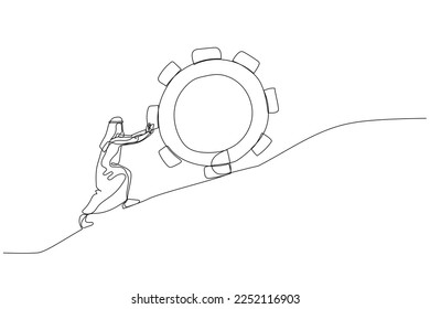 arab man pushing gear to the top metaphor of persistence and hard work. Single line art style