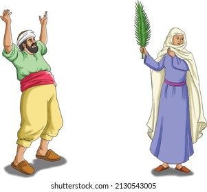 An Arab man raising his hands and a woman holding palm fronds