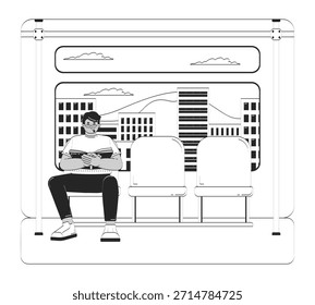 Árabe homem lendo livro sobre transporte público doodle lineart ilustração. O cara do Oriente Médio está viajando. Caractere de tinta de linha 2D para passageiro sentado isolado em branco. Vetor monocromático desenhado à mão