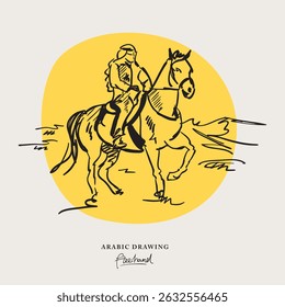 Arab man riding beautiful Arabian horse, sketch, hand-drawn, drawing design.