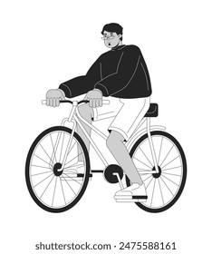 Hombre árabe montando bicicleta blanco y negro 2D línea de dibujos animados personaje. Estilo de vida activo masculino positivo de oriente medio aislado Vector persona. Ilustración monocromática de mancha plana de actividad saludable