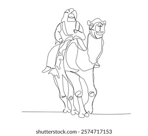 Arab man riding a camel, Bedouin wearing a keffiyeh one line art. Continuous line drawing of online Muslims, Islam, traditions, clothing, folk, oriental.