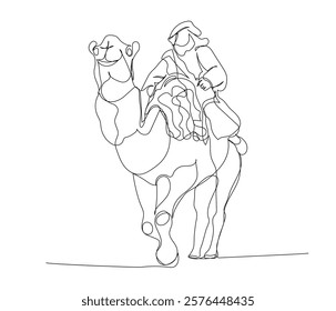 Arab man riding a camel, Bedouin wearing a keffiyeh one line art. Continuous line drawing of online Muslims, Islam, traditions, clothing, folk, oriental.