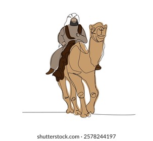 Arab man riding a camel, Bedouin wearing a keffiyeh one color line art. Continuous line drawing of online Muslims, Islam, traditions, clothing, folk, oriental.