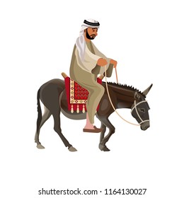 Arab man riding his donkey. Vector illustration isolated on white background