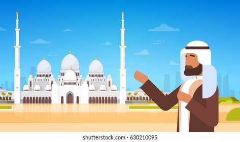 Arab Man Show Mosque Building Muslim Religion Ramadan Kareem Holy Month Vector Illustration