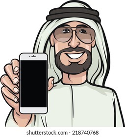 arab man showing a mobile app on a smart phone