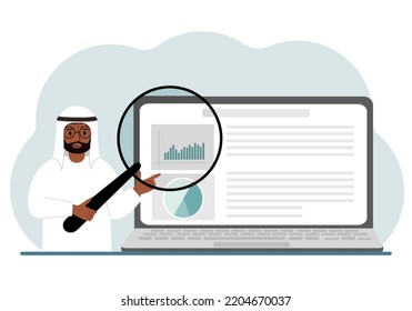 A arab man shows a report, a presentation on a laptop with a magnifying glass vector illustration. Financial business analysis, audit, planning concept. Vector flat illustration