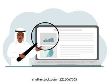 A arab man shows a report, a presentation on a laptop with a magnifying glass vector illustration. Financial business analysis, audit, planning concept. Vector flat illustration