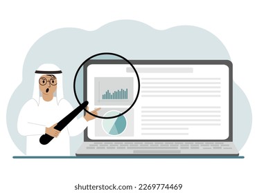 A arab man shows a report, a presentation on a laptop with a magnifying glass vector illustration. Financial business analysis, audit, planning concept. Vector flat illustration