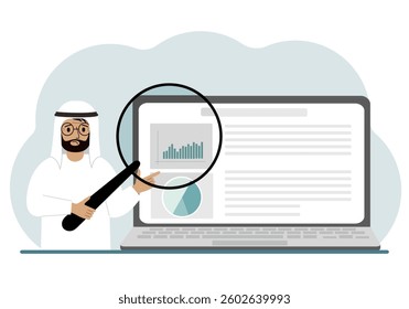 A arab man shows a report, a presentation on a laptop with a magnifying glass vector illustration. Financial business analysis, audit, planning concept. Vector flat illustration
