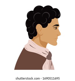 Arab man side view in profile. A man with black curly hair stands sideways and looks forward. Pleasant young man with a scarf. Vector flat cartoon illustration.