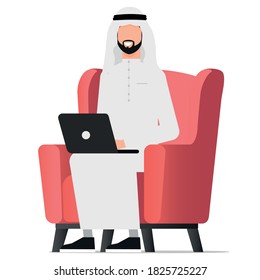 Arab man sits on a chair while working on laptop. businessman vector illustration.