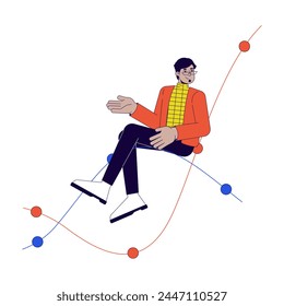 Arab man sitting on chart waves 2D linear cartoon character. Middle eastern male isolated line vector person white background. Eyeglasses business guy gesturing color flat spot illustration