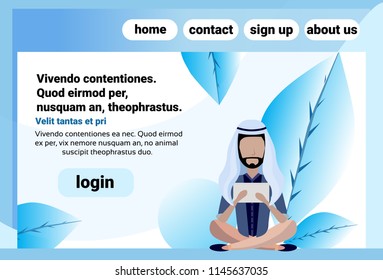 arab man sitting pose online communication using tablet male faceless cartoon character horizontal copy space flat vector illustration