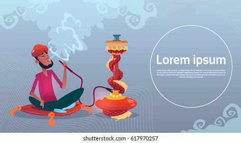 Arab Man Smoking Hookah Pipe Sitting On Floor Flat Vector Illustration