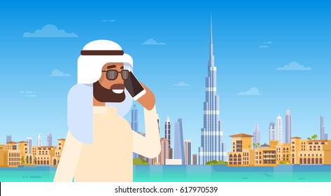 Arab Man Speaking On Cell Smart Phone Call Over Dubai Skyline Panorama, Modern Building Cityscape Flat Vector Illustration