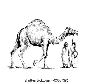 Arab man standing with a camel, Hand Drawn Sketch Vector illustration.