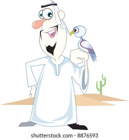 An Arab man standing in a desert with his falcon	