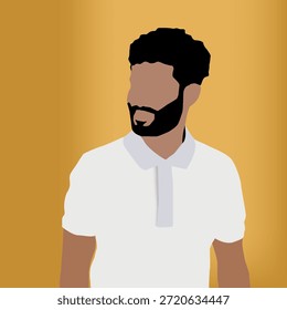 Hombre árabe de pie sobre fondo amarillo con la camisa blanca que mira lejos al lado con la sonrisa en la cara, expresión natural. 
