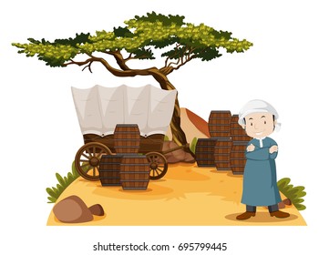 Arab man stands by the wagon illustration