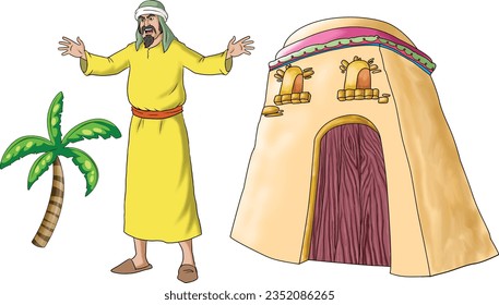 An Arab man stands in front of a house and raises his hand