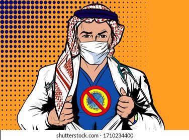 Arab man with stethoscope wearing medical face mask protecting himself from coronavirus, being the superhero. Doctor pulling open ripping white coat showing Stop Virus symbol the chest. Vector Pop Art