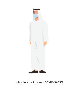 Arab man in surgical mask semi flat RGB color vector illustration. Muslim guy isolated cartoon character on white background. Covid19 virus outbreak, personal health care, smog protection